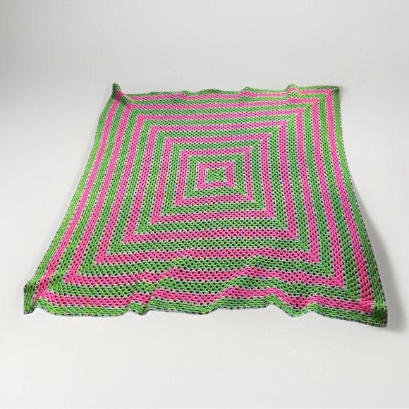 Vintage Handmade Crochet Granny Blanket Pink Green Square Cottagecore 64 x 64 - Picture 3 of 5